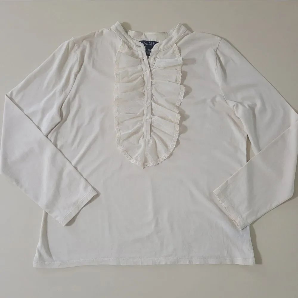 Chaps Women's Ivory Henley with Lace Bib Long Sleeve Top